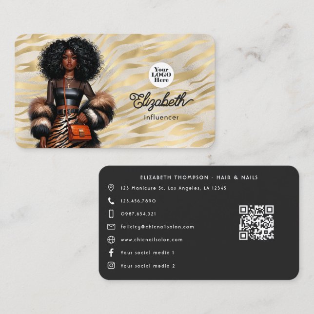 Bold Tiger Print Black Woman Boss Branding Business Card (Front/Back)