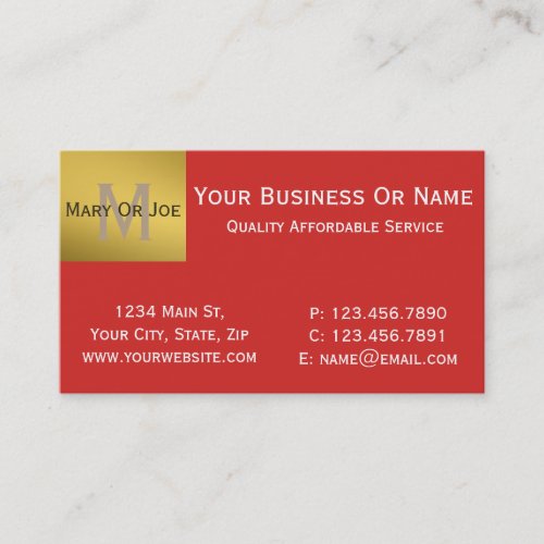 Bold Tomato Red and White Text Gold Monogrammed Business Card