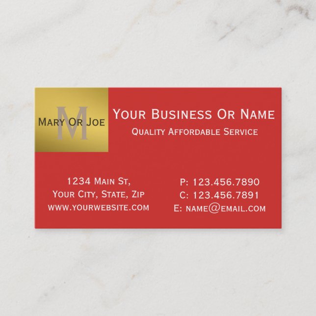 Bold Tomato Red White Gold Monogrammed Business Card (Front)