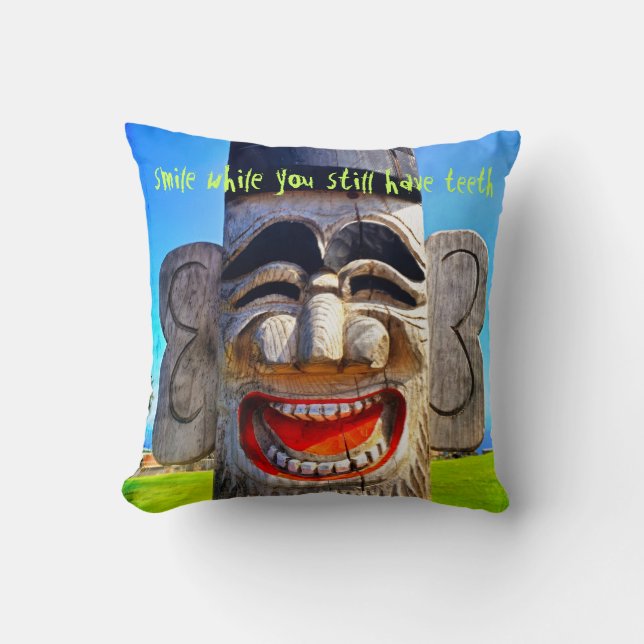 Bold Totem Laughing Wood Face Photo Smile Quote Throw Pillow (Front)