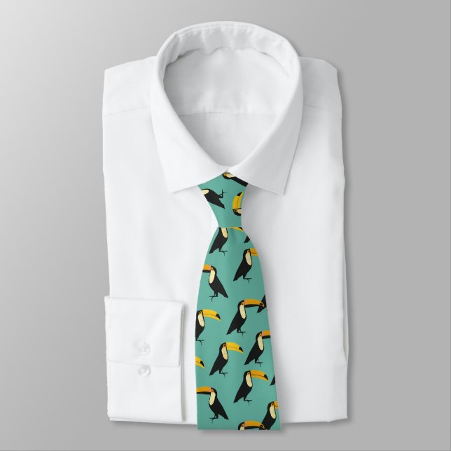 Bold Toucan on Teal Pattern Neck Tie (Tied)