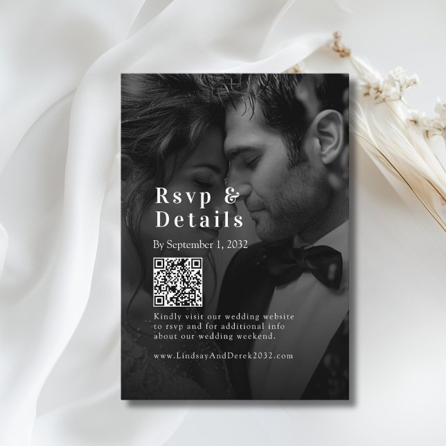 Bold Trending B&W-Photo Wedding QR Code RSVP  Enclosure Card (Bold Trending B&W-Photo Wedding QR Code RSVP Enclosure Card)