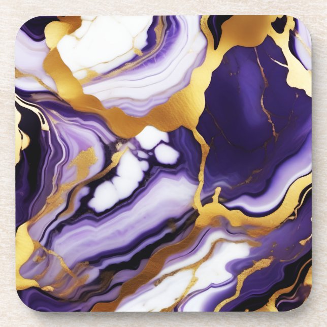 Bold Trendy purple yellow Gold faux marble Beverage Coaster (Front)