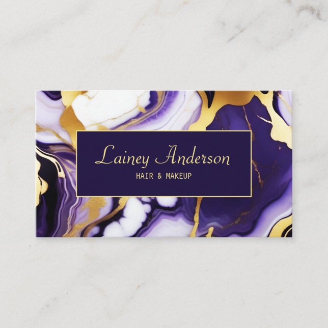 Bold Trendy purple yellow Gold faux marble Business Card (Front)
