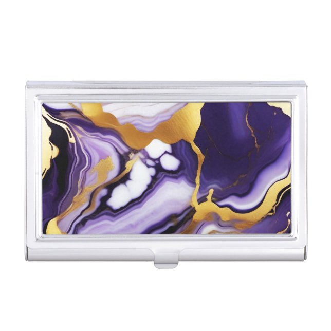 Bold Trendy purple yellow Gold faux marble Business Card Case (Front)