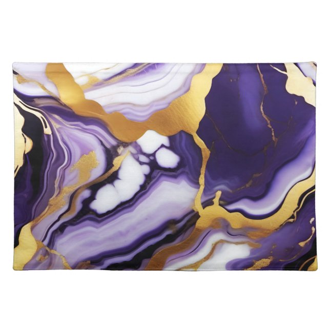 Bold Trendy purple yellow Gold faux marble Cloth Placemat (Front)