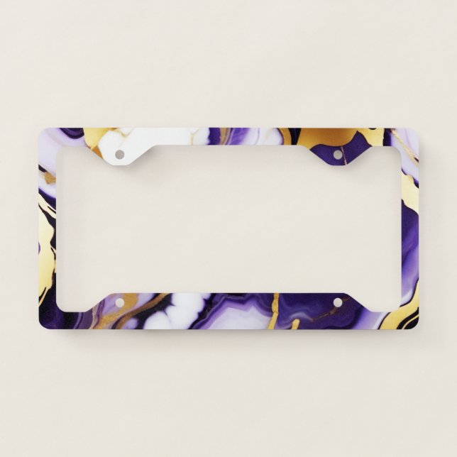 Bold Trendy purple yellow Gold faux marble License Plate Frame (Front)