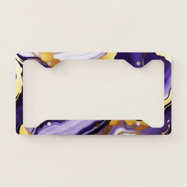 Bold Trendy purple yellow Gold faux marble License Plate Frame (Front)