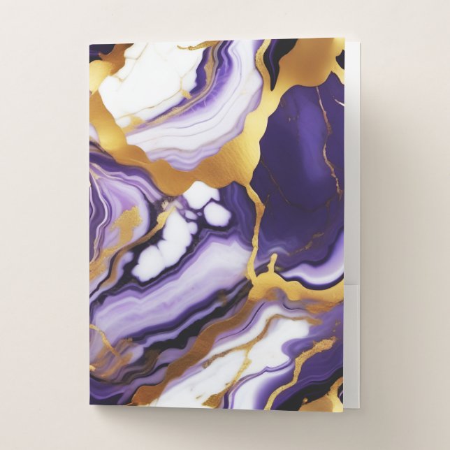 Bold Trendy purple yellow Gold faux marble Pocket Folder (Front)