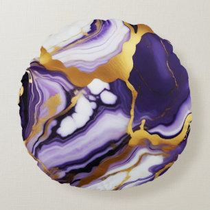 Bold Trendy purple yellow Gold faux marble Round Pillow