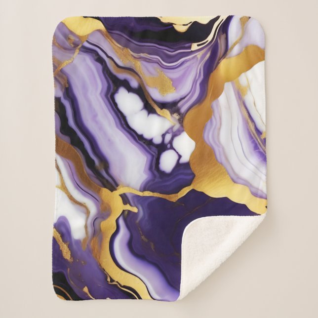 Bold Trendy purple yellow Gold faux marble Sherpa Blanket (Front)