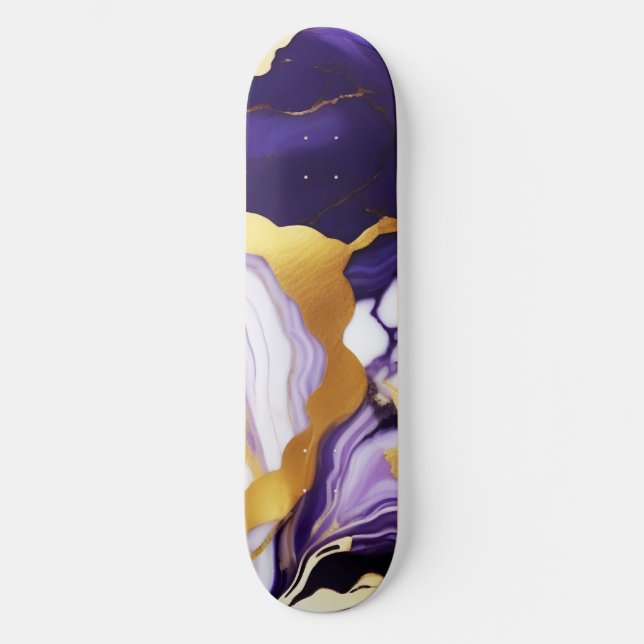 Bold Trendy purple yellow Gold faux marble Skateboard (Front)