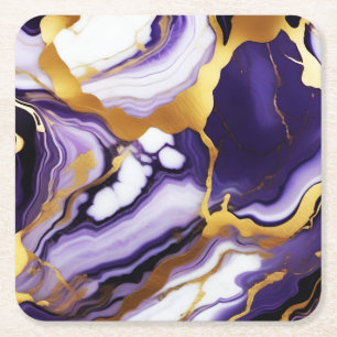 Bold Trendy purple yellow Gold faux marble Square Paper Coaster