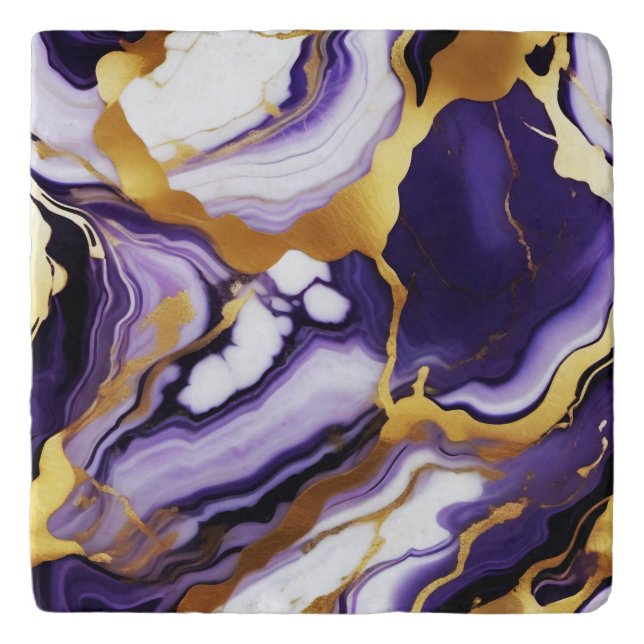Bold Trendy purple yellow Gold faux marble Trivet (Front)