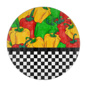 Bold Tri Colored Peppers and Checkerboard Cutting Board