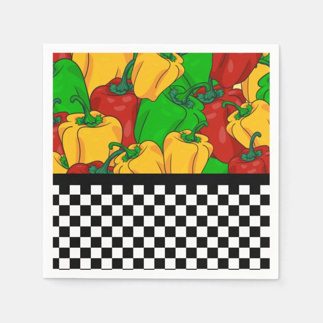 Bold Tri Colored Peppers and Checkerboard  Napkins (Front)