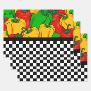Bold Tri Colored Peppers and Checkerboard Wrapping Paper Sheets