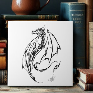 Bold Tribal Dragon Black Line Art Fantasy Tattoo Ceramic Tile