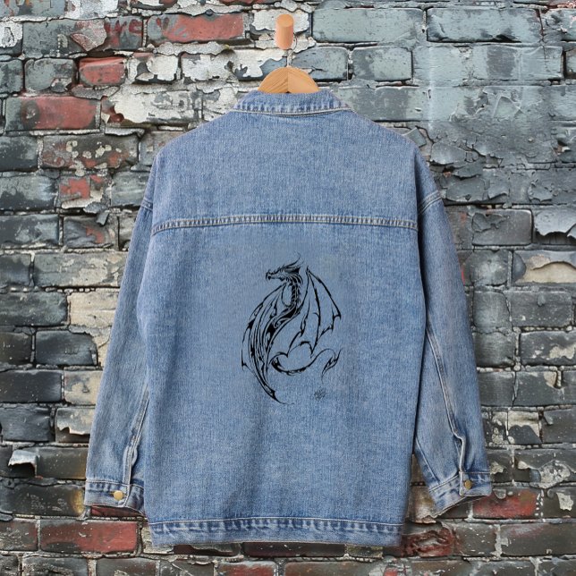 Bold Tribal Dragon Black Line Art Fantasy Tattoo Denim Jacket (Creator Uploaded)