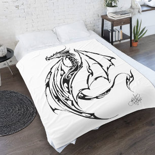 Bold Tribal Dragon Black Line Art Fantasy Tattoo Fleece Blanket