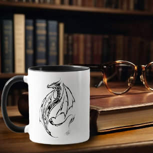 Bold Tribal Dragon Black Line Art Fantasy Tattoo Mug