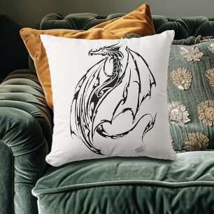 Bold Tribal Dragon Black Line Art Fantasy Tattoo Throw Pillow