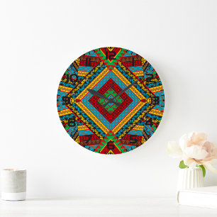 Bold Tribal Geometric Pattern Colorful Ethnic Boho Large Clock