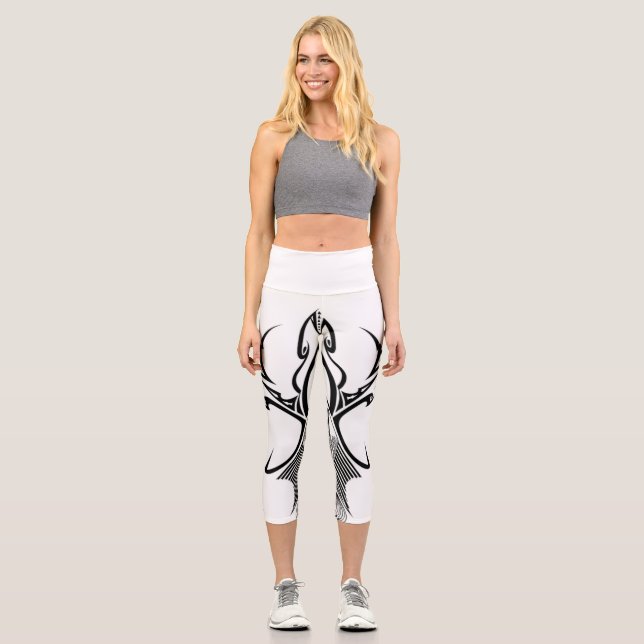 Bold Tribal Pattern Black Ink Graphic Capri Leggings (Front)