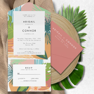Bold Tropical Abstract Coral Teal Wedding All In One Invitation
