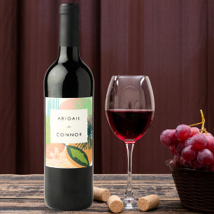 Bold Tropical Abstract Coral Teal Wedding Wine Label