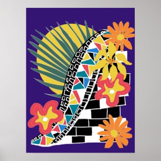 Bold Tropical Floral Black White Mosaic on Indigo