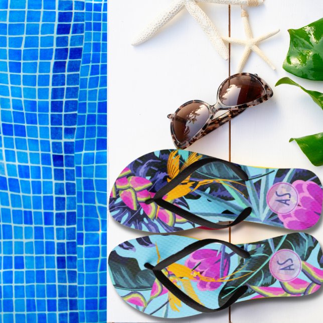 Bold Tropical Foliage Pattern with Hummingbird Flip Flops (Monogram Bold Tropical Foliage Flip Flops)