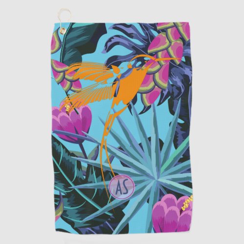 Bold Tropical Foliage Pattern with Hummingbird Golf Towel