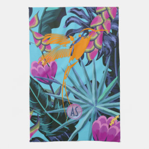 Bold Tropical Foliage Pattern with Hummingbird  Kitchen Towel