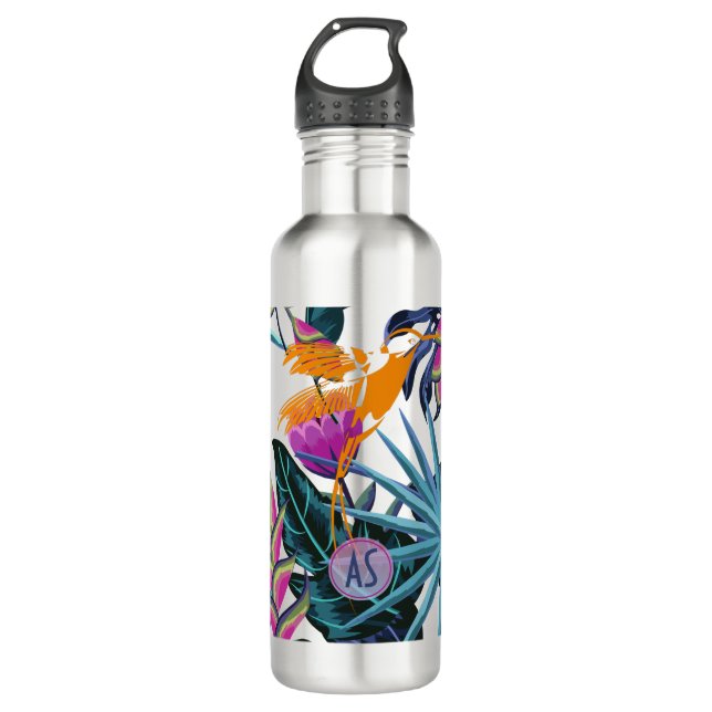 Bold Tropical Foliage Pattern with Hummingbird Stainless Steel Water Bottle (Front)