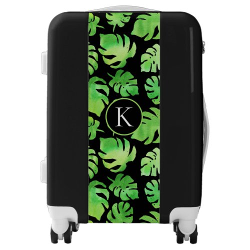 Bold Tropical Green Watercolor Leaves Monogram Luggage