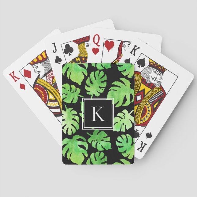 Bold Tropical Green Watercolor Leaves Monogram Poker Cards (Back)