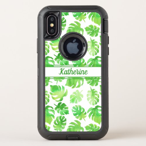 Bold Tropical Green Watercolor Leaves Pattern OtterBox Defender iPhone X Case