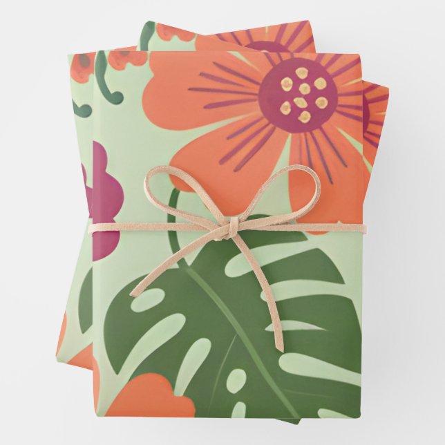 Bold Tropical Hibiscus & Monstera Leaf  Wrapping Paper Sheets (In situ)