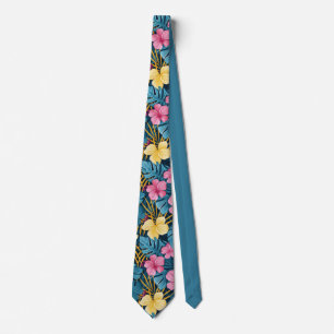 Bold Tropical Hibiscus & Palm Leaf Pattern Design Neck Tie