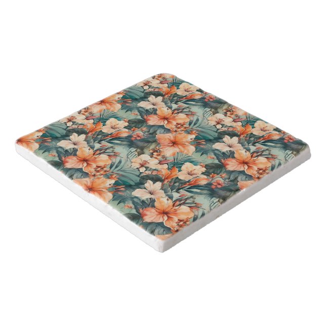 Bold Tropical Hibiscus Print Marble Trivet (Corner)