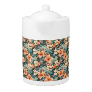 Bold Tropical Hibiscus Print Porcelain Teapot