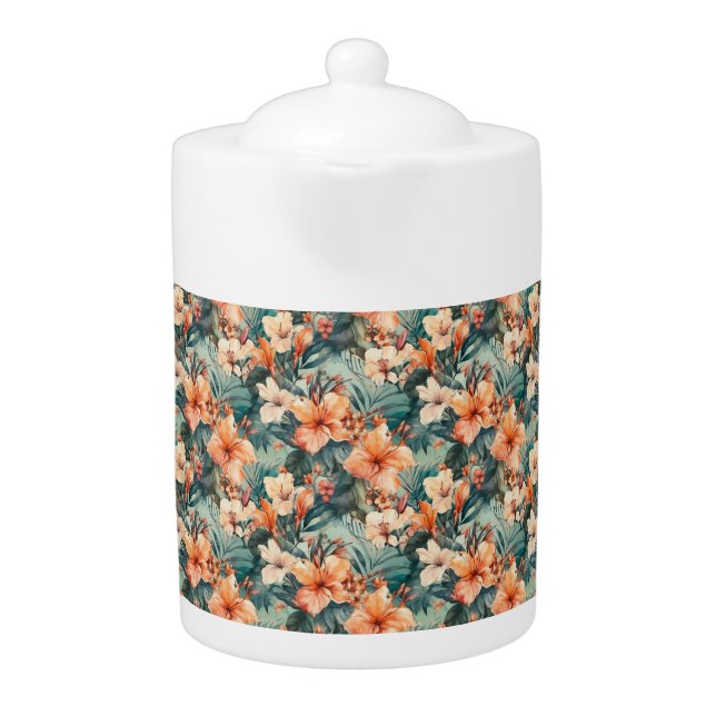Bold Tropical Hibiscus Print Porcelain Teapot (Front)
