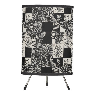 Bold Tropical Monochrome Floral Pattern Tripod Lamp