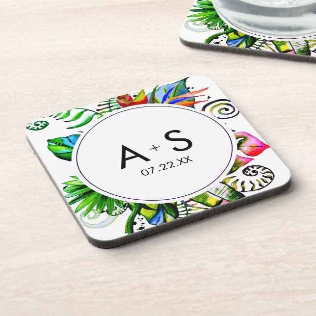 Bold Tropical Palm Leaf Wreath Wedding Monogram Drink Coaster (Left Side)