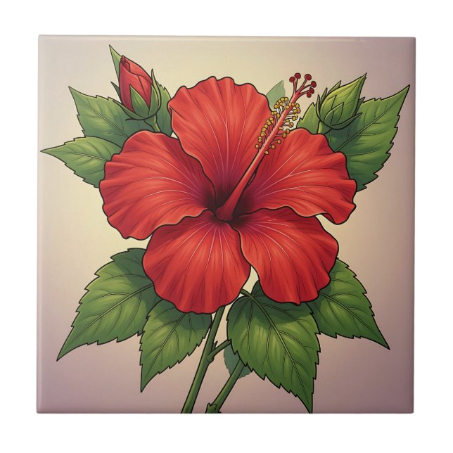 Bold Tropical Red Hibiscus Ceramic Tile (Front)