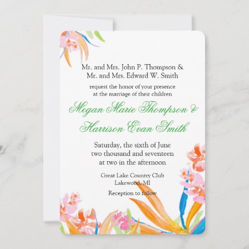Bold Tropical Watercolor Flower Wedding Invitation