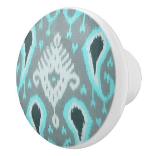 Bold Turquoise Blue Gray Ikat Tribal Art Pattern Ceramic Knob