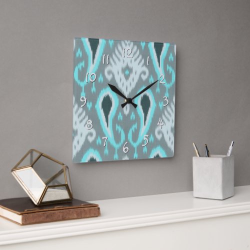 Bold Turquoise Blue Gray Ikat Tribal Art Pattern Square Wall Clock