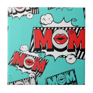 Bold Turquoise Comic MOM Graphic Pattern Ceramic Tile